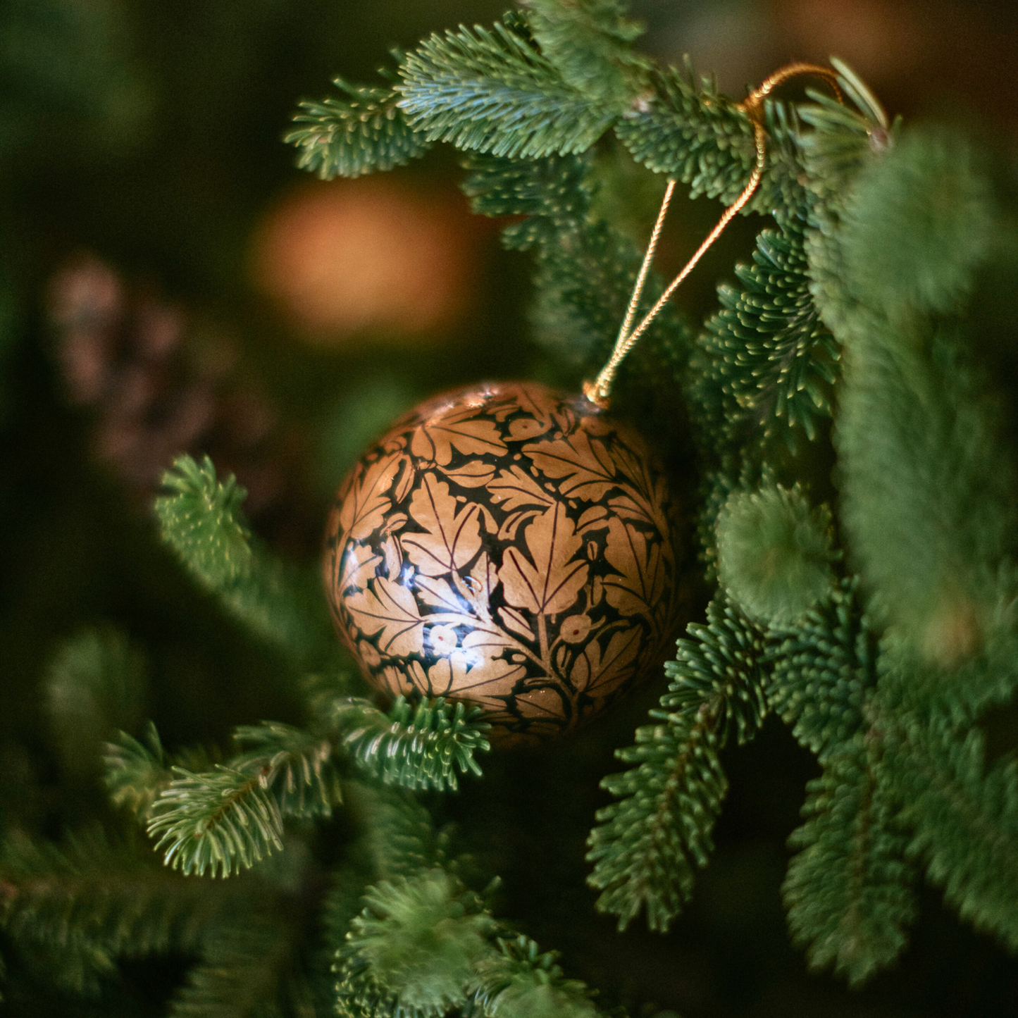 3" Black & Gold Leaf Paper Mache Hanging Bauble Ornament