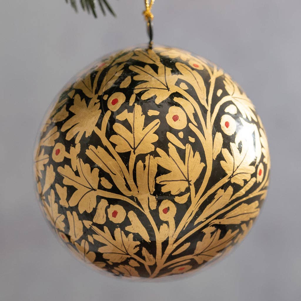 3" Black & Gold Leaf Paper Mache Hanging Bauble Ornament