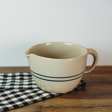 1 gallon stoneware batter bowl with blue stripe - handmade in the USA