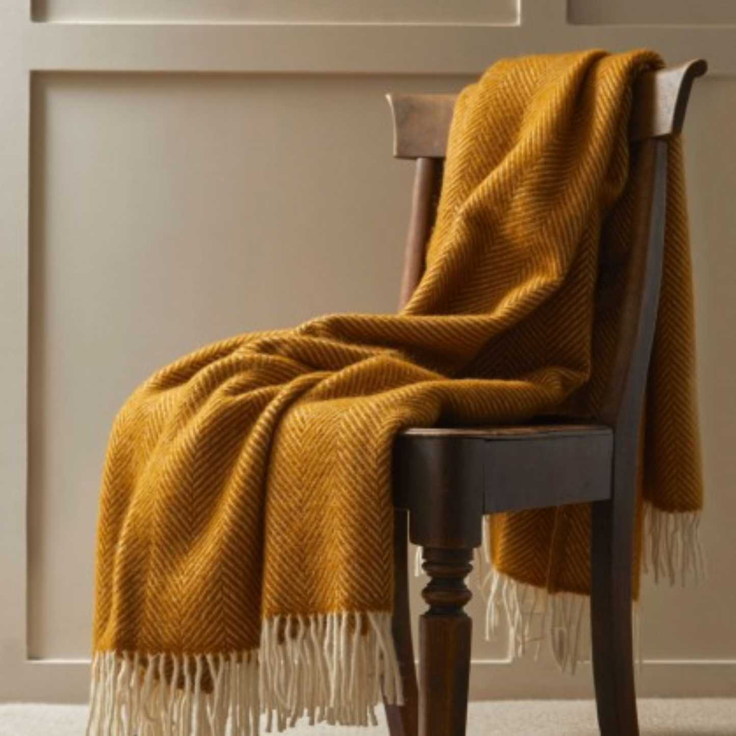 English Mustard Fishbone British Wool Throw / Blanket
