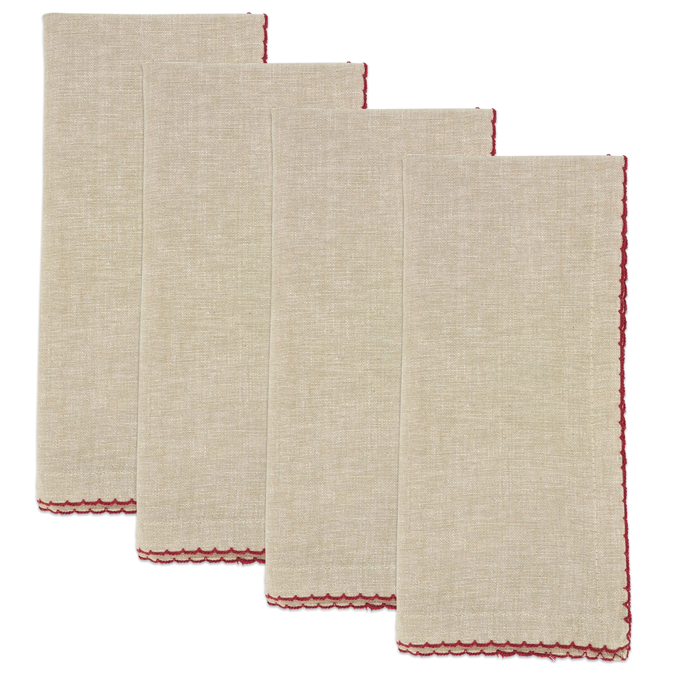 Red Crochet Scalloped Cotton Natural 20" Cloth Napkin