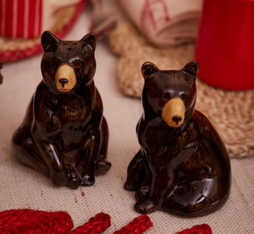 Quail ceramics black bear salt and pepper shaker on table Hand-painted animal ceramics.