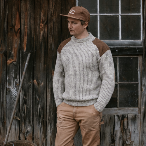 British wool sweater in grey - ribbed with suede shoulder patches.