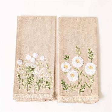 Embroidered Cotton Tea Towel - Chamomile Floral