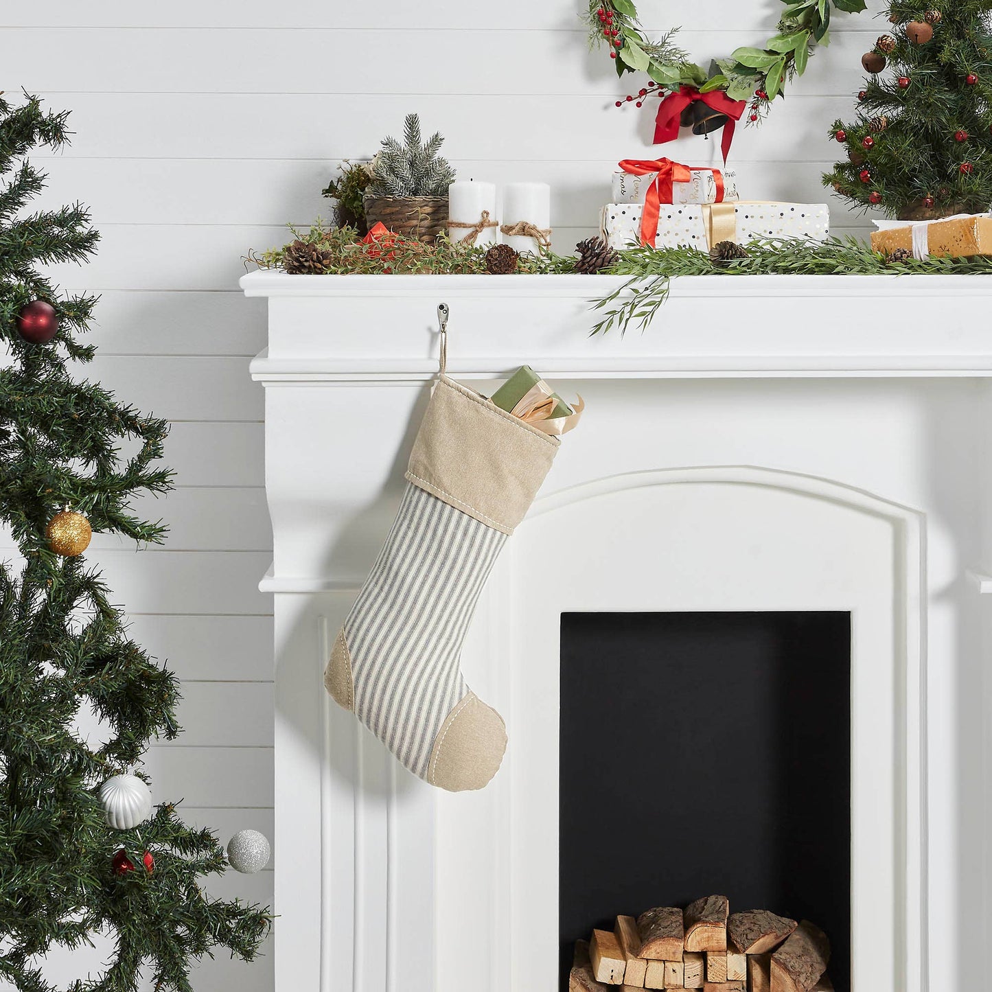 Grace Ticking Stripe Patch Stocking 12x20