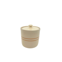 Striped stoneware crock with lid handmade in the USA 