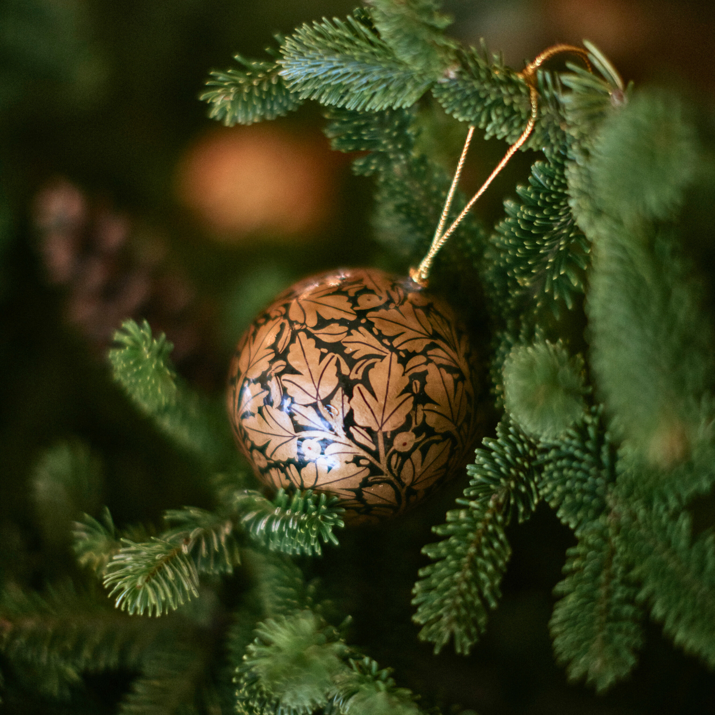 3" Black & Gold Leaf Paper Mache Hanging Bauble