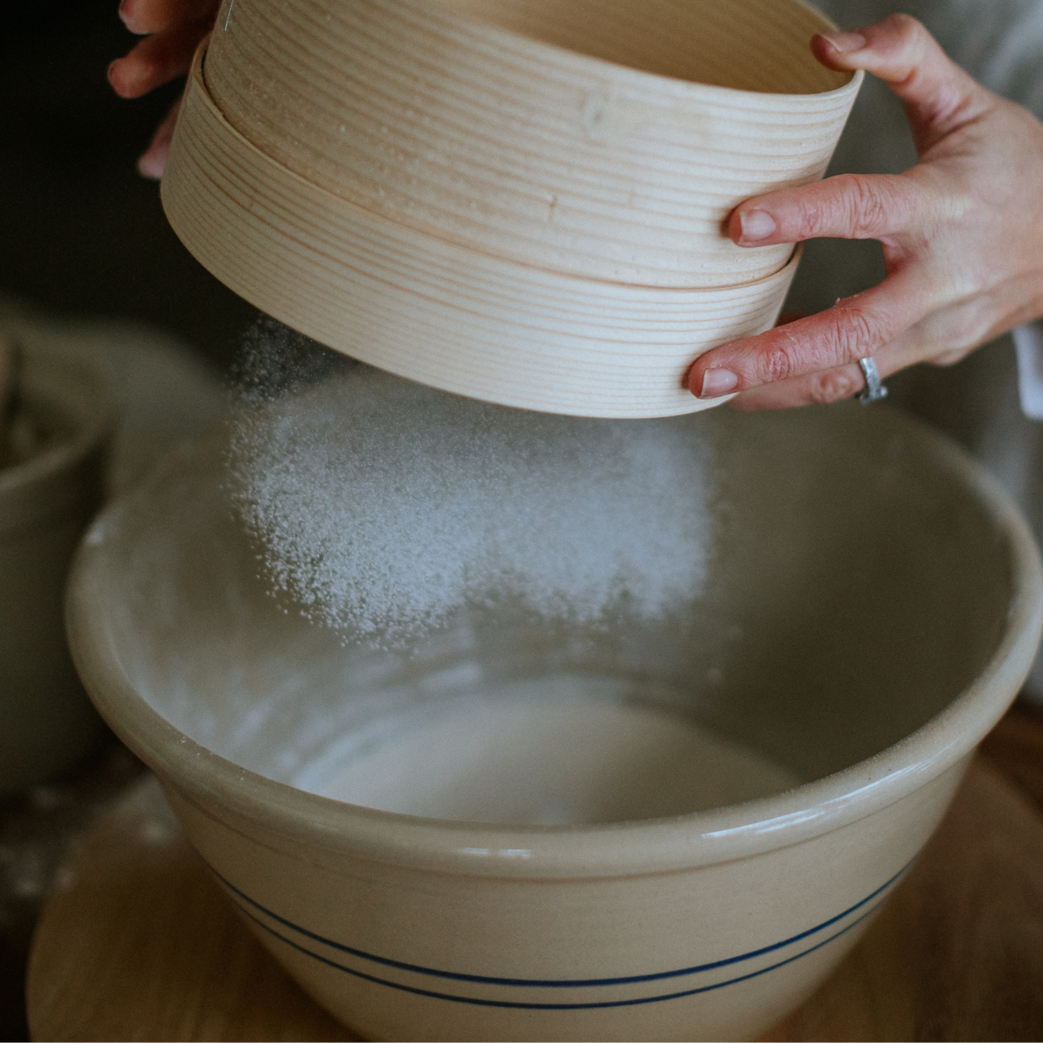 Classic country style martinez pottery handmade in the USA mixing bowl in kitchen during baking