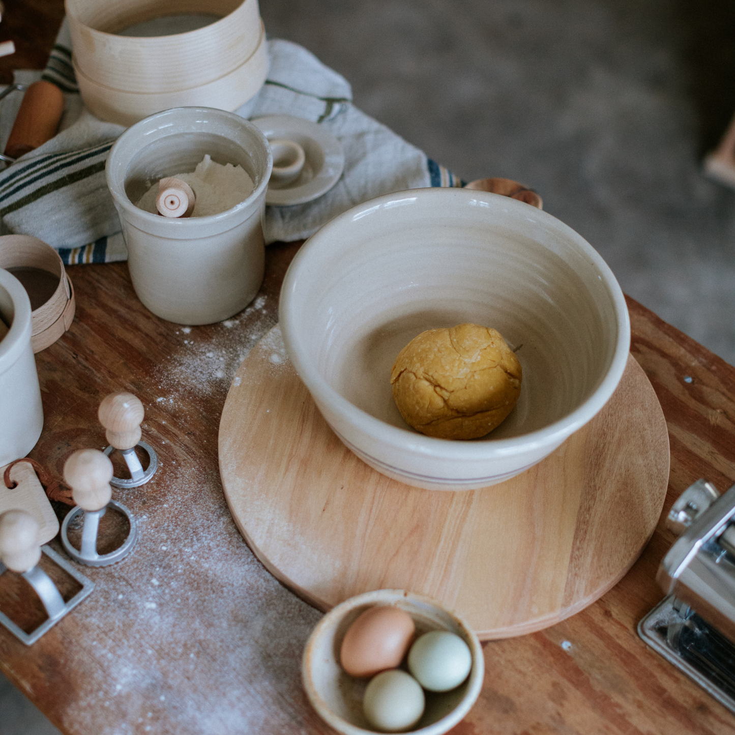 Classic country style martinez pottery handmade in the USA mixing bowl in kitchen during baking