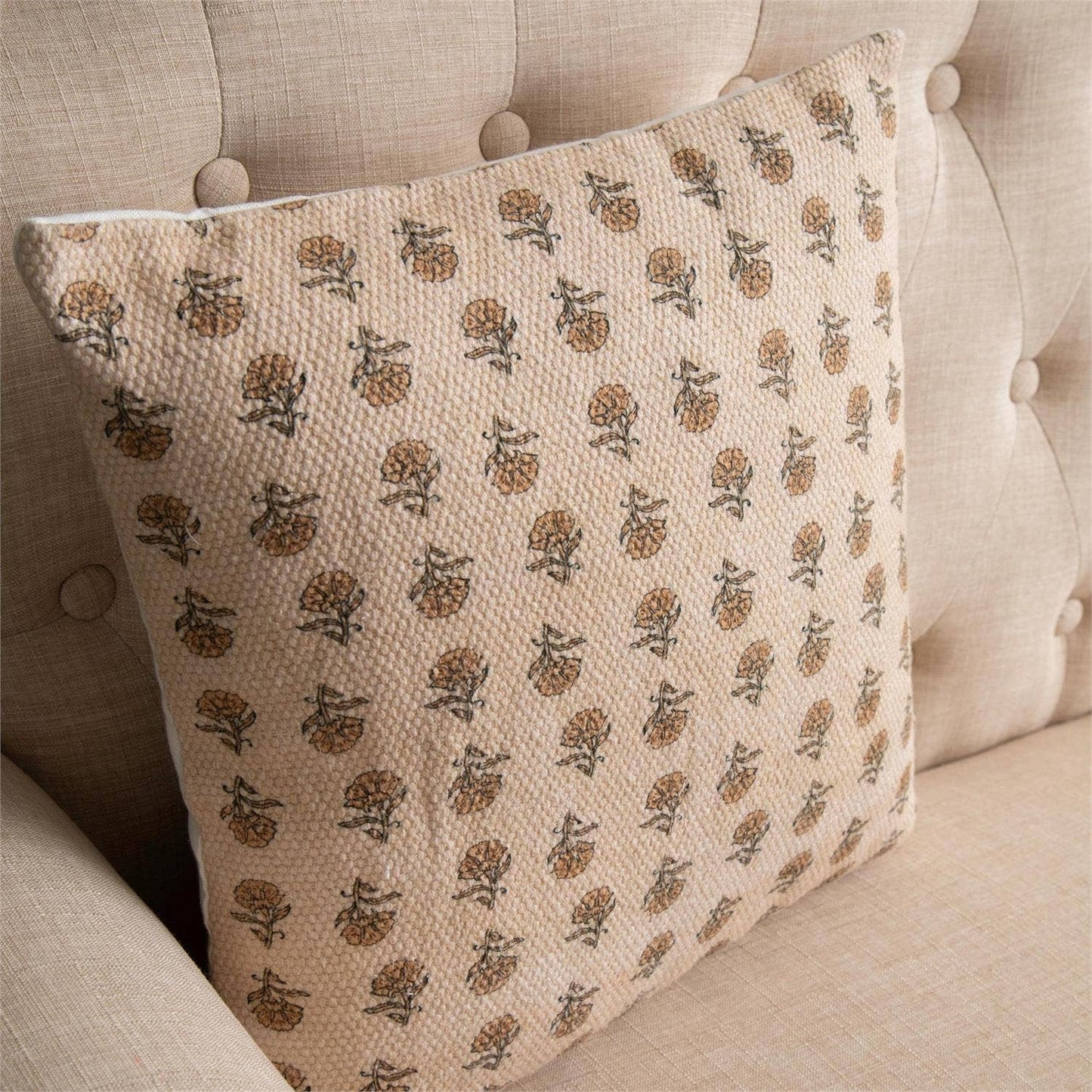 Block Print Cotton Pillow - Mustard Floral