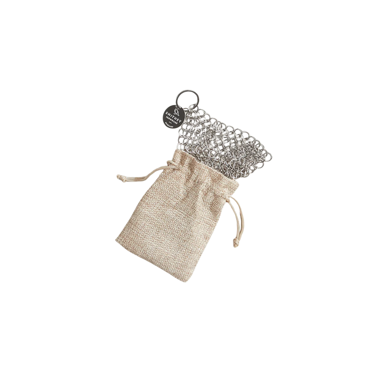 Chainmail scrubber in a drawstring bag on a white background