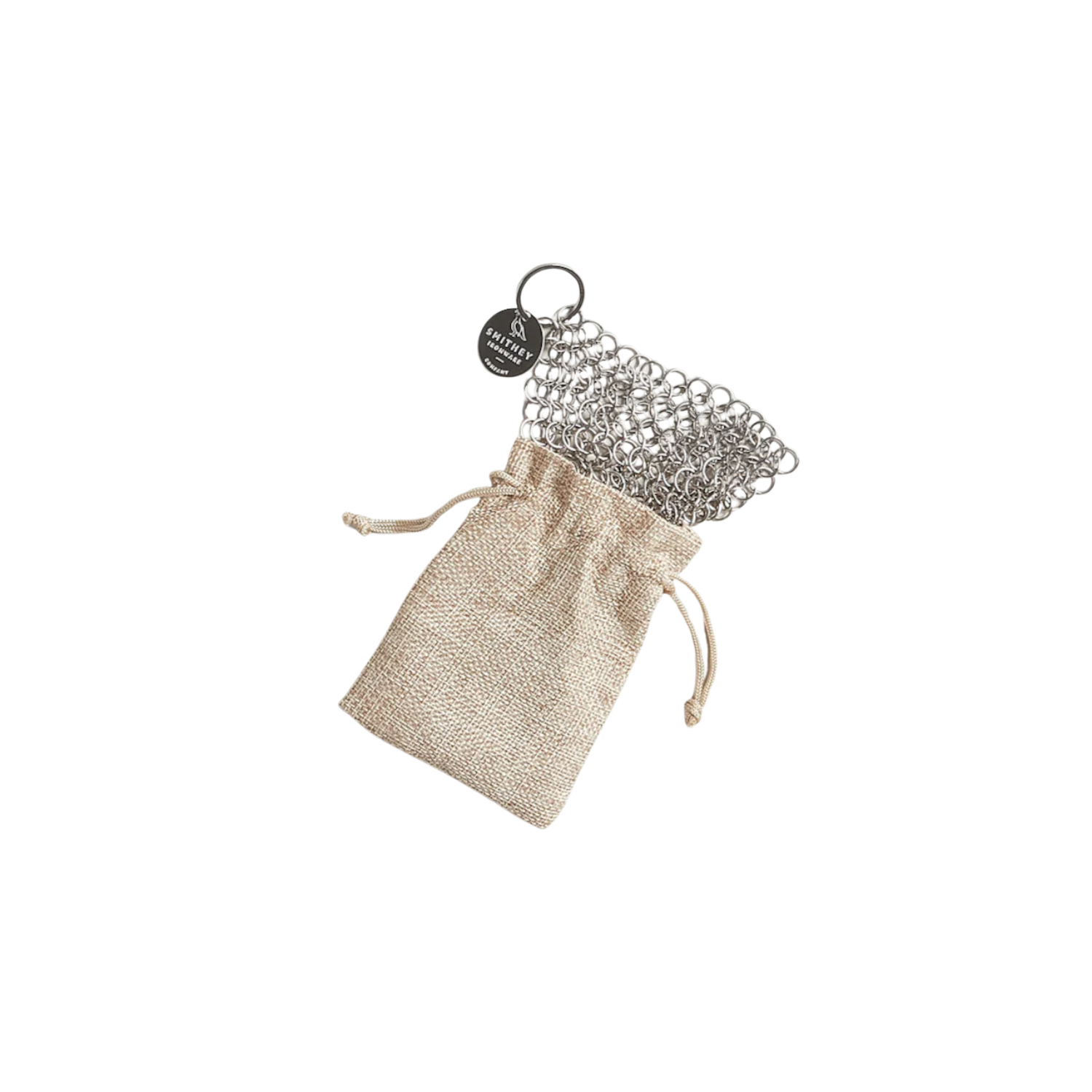 Chainmail scrubber in a drawstring bag on a white background