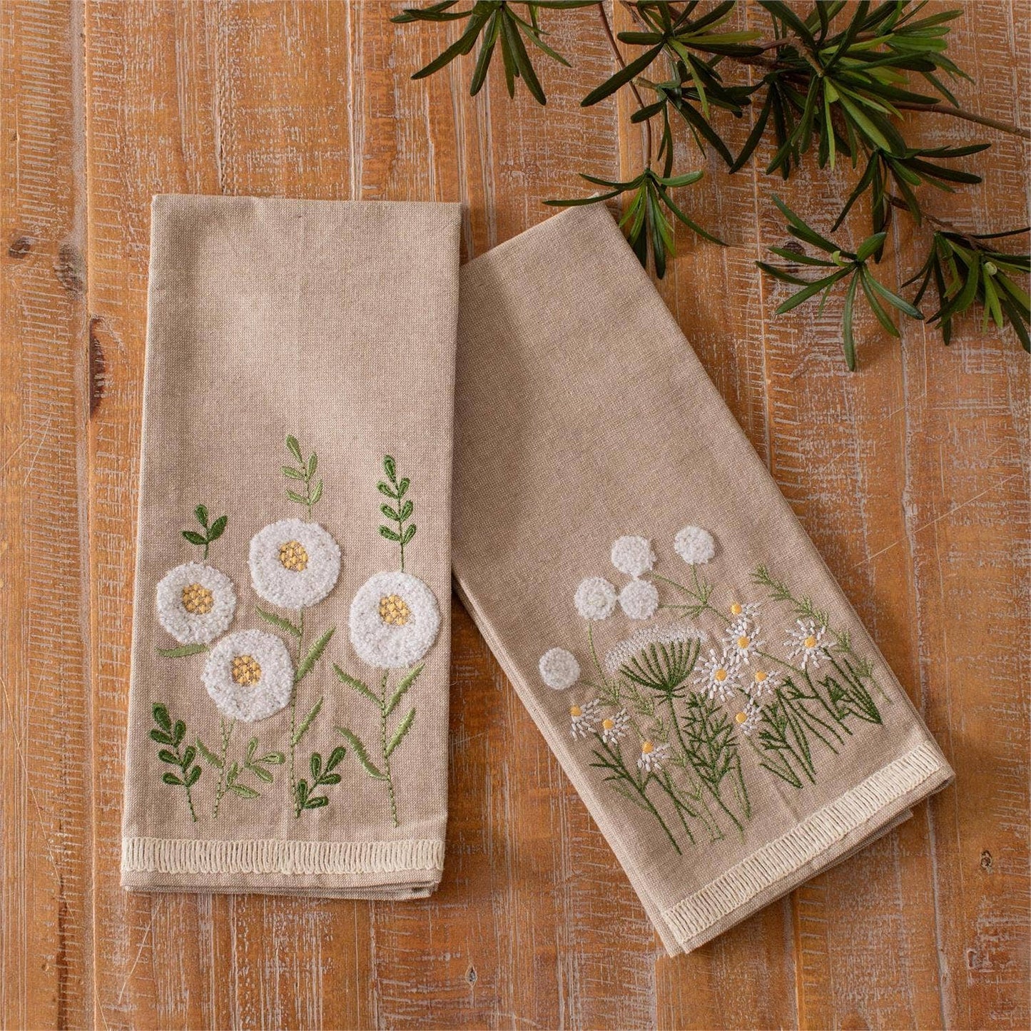 Embroidered Cotton Tea Towel - Chamomile Floral
