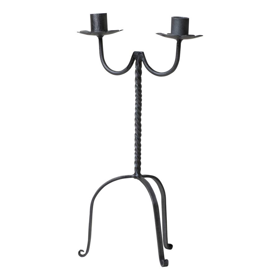 Wrought Iron Double Taper Twisted Tripod Candle Holder