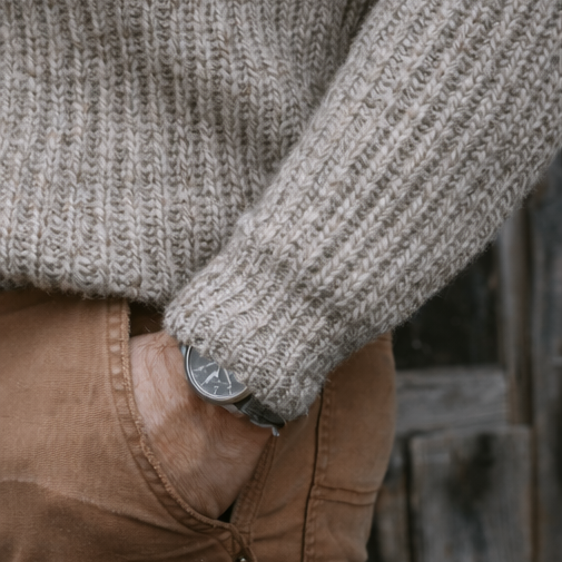 British wool sweater in grey - ribbed with suede shoulder patches. 