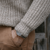 British wool sweater in grey - ribbed with suede shoulder patches. 